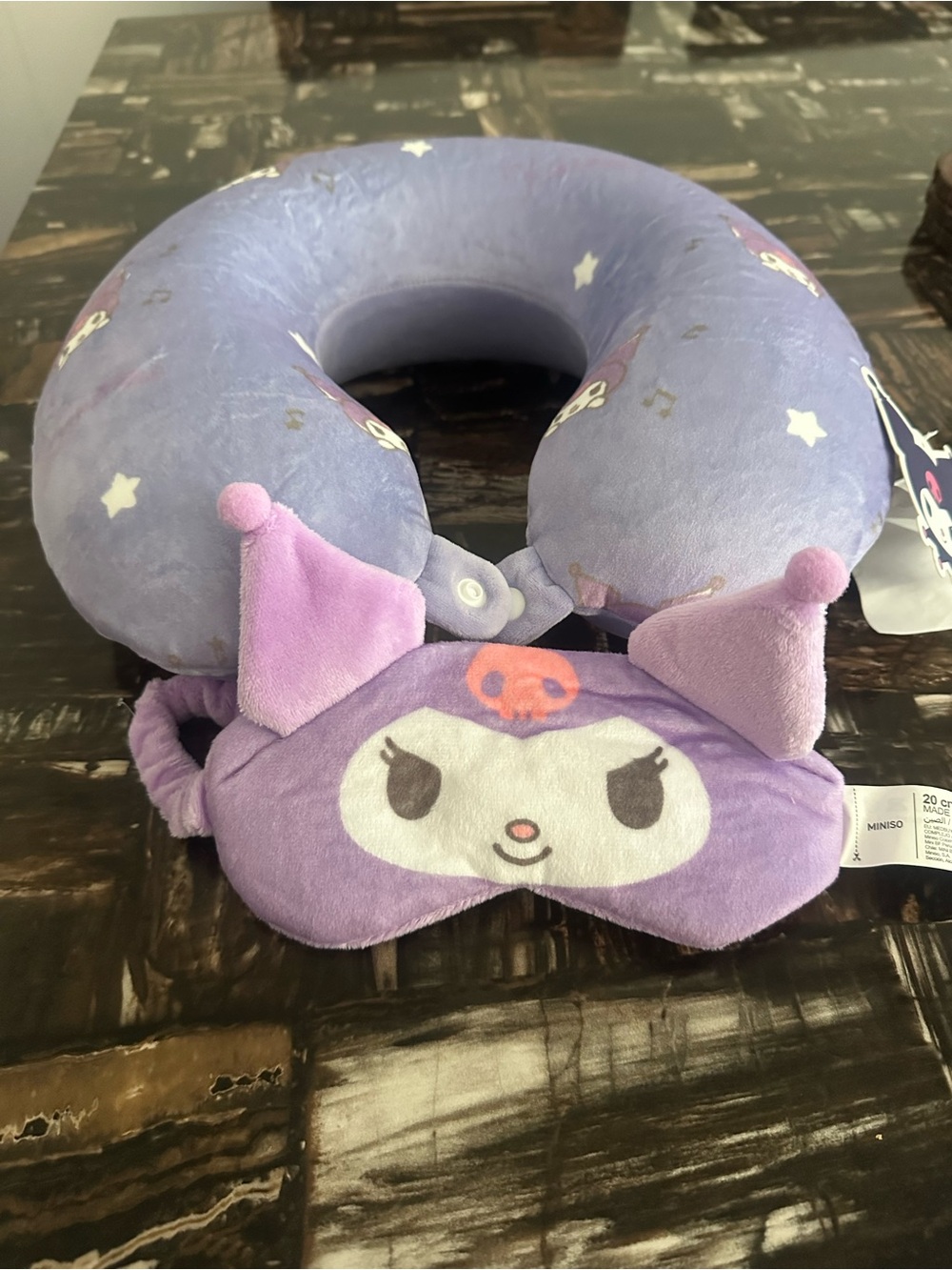 Sanrio Purple Kuromi Plush Travel Neck Pillow with Eye Mask